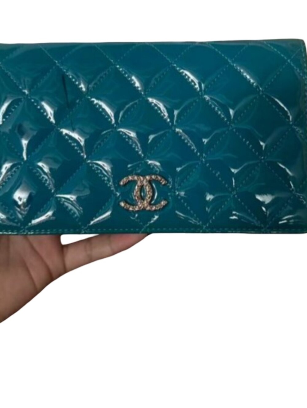 CHANEL Teal Quilted Patent Leather Clutch Silver CC Long Wallet Purse